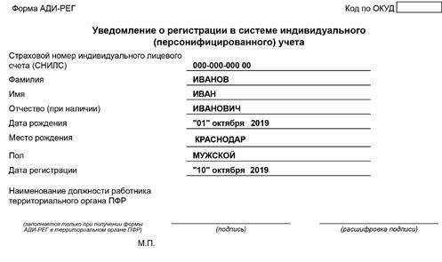 Подтверждение получения СНИЛС